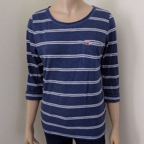 Hollister Womens Size Small Striped Top Shirt Navy Blue Blouse 3/4 Sleeves - Picture 1 of 3